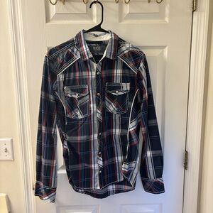 BKE Men's Casual Navy and Red Plaid Shirt